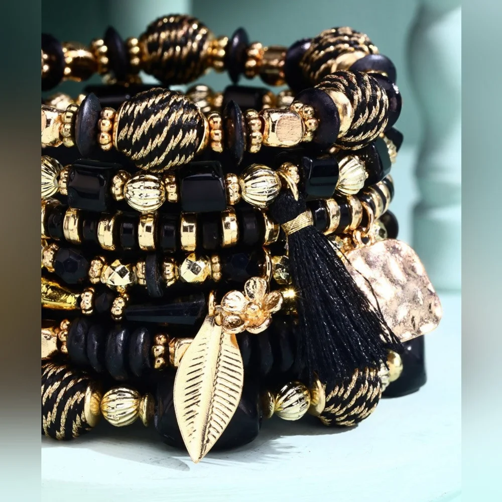 Formal Black & Gold Multi Textured Layered Beaded Bracelet Set w Golden Charms - Picture 3 of 3